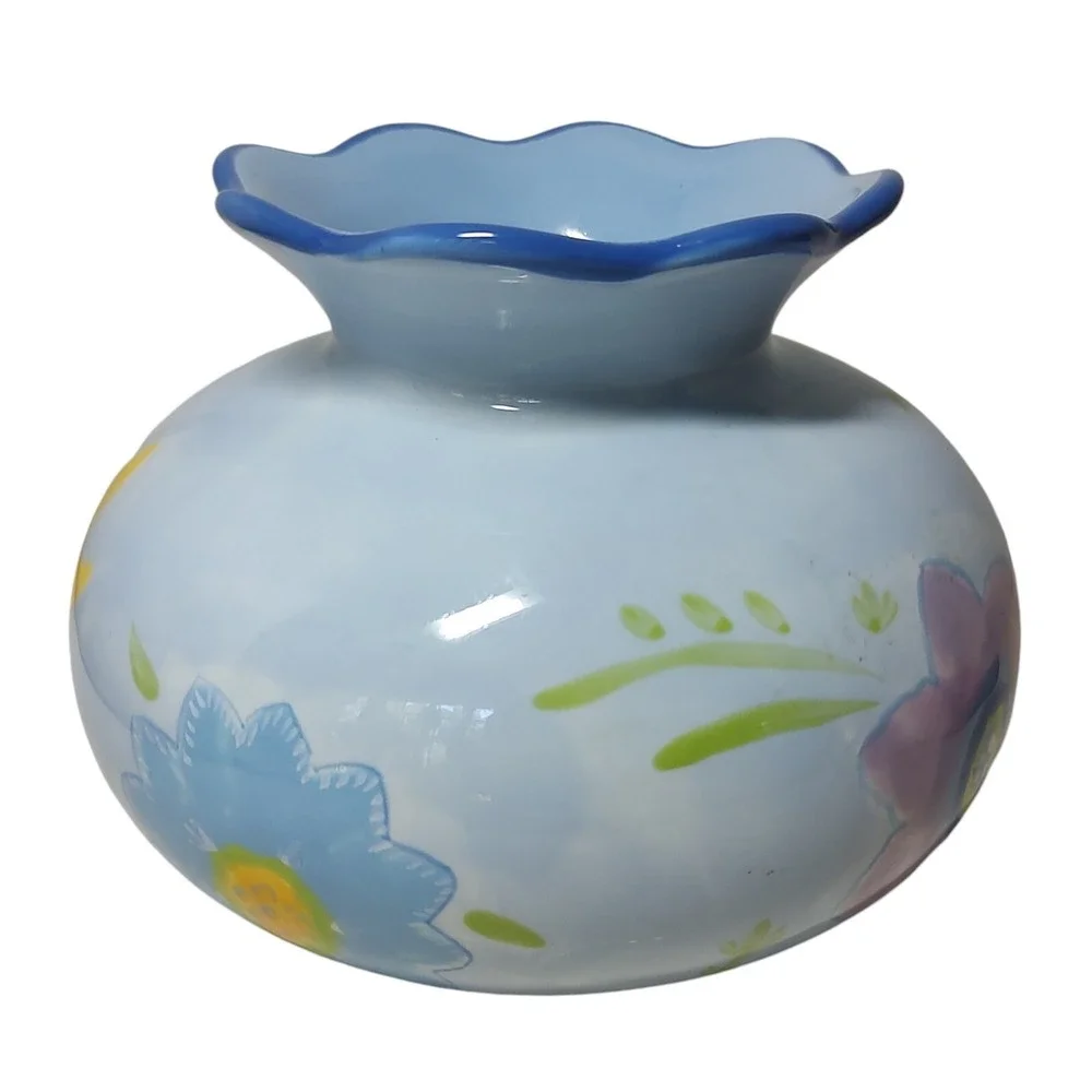 Vintage Kimberly Hodges Hallmark Vase Hand Painted Blue Floral Scalloped‎ Edge